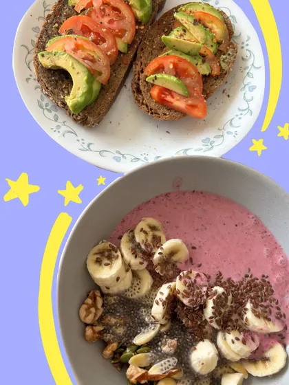 A healthy breakfast spread of avocado toast and a smoothie bowl, decorated with some simple stars for a magical start to the day.