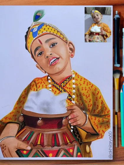 A little boy dressed as Krishna for Janmashtami, holding a pot of butter. This A4 colored pencil drawing is a fun and adorable way to celebrate the festival.
