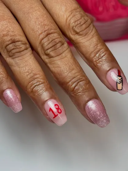 A close-up of the cricket-themed nails, showing the hand-painted cricket bat and the number 18, celebrating a special birthday.