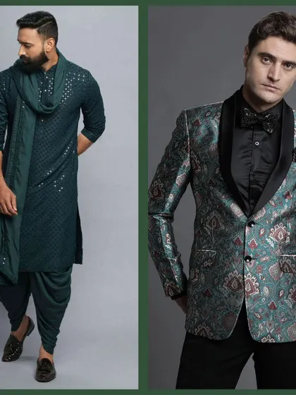 A dark green dhoti-kurta set and a printed green tuxedo. Our collection lets you play with different silhouettes and styles.