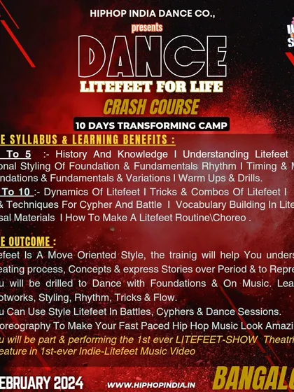 The detailed syllabus for our "Litefeet for Life" crash course, outlining the learning benefits from day 1 to day 10, including history, drills, and choreography.