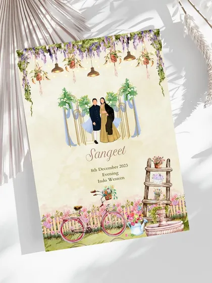 A card from a wardrobe planner for the Sangeet night. The design features the couple in their Indo-Western attire against a backdrop of elegant decor, perfectly capturing the celebratory and stylish spirit of the evening.
