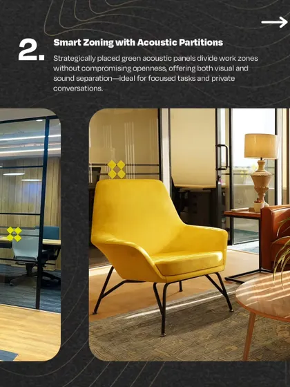 Smart zoning at VentureX IFFCO Chowk using a bold yellow armchair as a focal point in a breakout area. Glass partitions in the background separate work zones while maintaining a sense of openness.