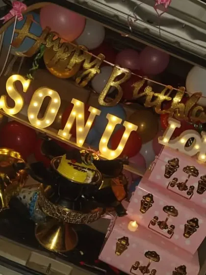We also offer car boot decorations for a surprise on the go. This setup is filled with balloons, lights, and a personalized nameplate to make any birthday special.