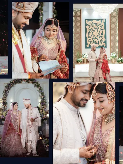 A collage of tender moments from the wedding ceremony, including the reading of vows and quiet glances, showcasing the emotional depth of the day.