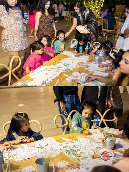 Little artists at work. We set up themed activity tables where children can color, paint, and create, making the party both fun and educational.