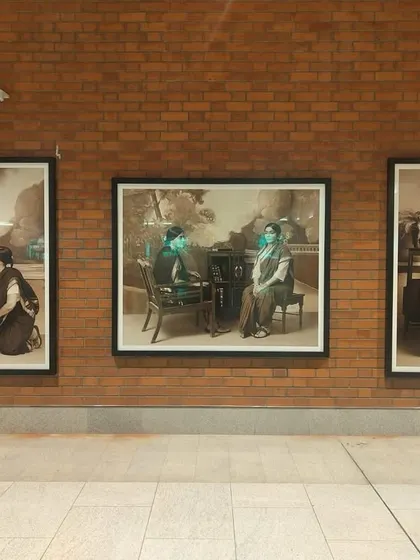 The remaining three prints from the 'Parimala Prasada' series, showing the narrative progression of the characters. Placing art of this caliber in an airport introduces it to thousands of travelers daily.