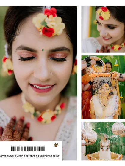 A beautiful collage from a Haldi ceremony, featuring a close-up of the bride's makeup and the lively water-pouring ritual.