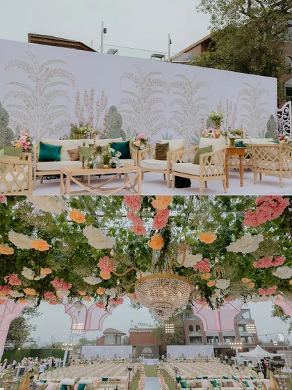 This collage shows the versatility in our decor design. It features a chic lounge area with a custom botanical print backdrop and a view of the stunning floral ceiling of the main mandap.