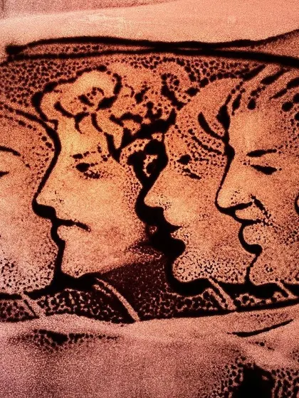 Titled 'People may laugh', this sand painting shows a series of faces, each with a different expression. It reflects on the journey of an idea and the different reactions it might receive.