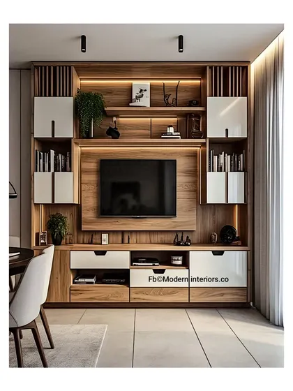 This sleek TV unit combines natural wood with crisp white cabinets for a modern and airy feel. The asymmetrical shelving and integrated lighting create a stylish focal point in the living room.