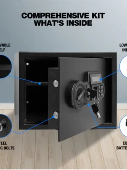 A look inside the comprehensive kit of our Safilo Bio-Z safe, highlighting the removable shelf for flexible storage, two steel shooting bolts for enhanced security, and the external battery backup port to ensure you are never locked out.