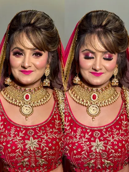 A classic bridal portrait with a focus on the stunning pink and gold makeup. The eyes are the star of the show, with dramatic lashes and shimmery shadow.
