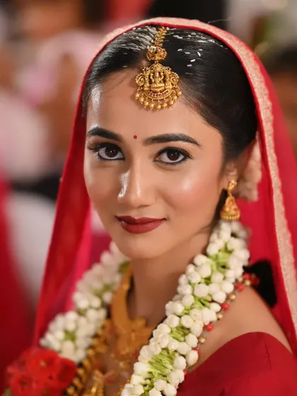A detailed close-up of the bride's face, showcasing her perfect makeup and traditional maang tikka.