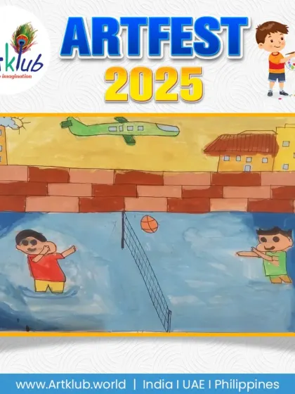 An airplane flies over a waterside volleyball game in this creative piece by a senior artist.