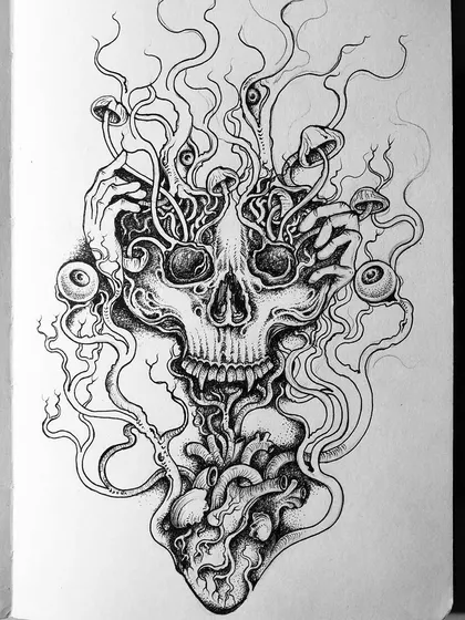 The finished "Trip" skull piece in the sketchbook.
