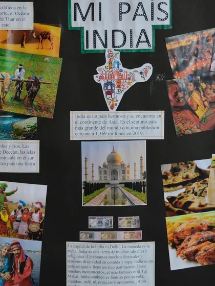 "Mi País India" (My Country India). A student's project presenting information about India in Spanish, combining language practice with cultural pride.