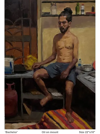 My painting "Bachelor," which won the realistic figurative award from The Art Society of India. It's an oil painting capturing a candid moment of daily life.