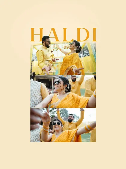 A collage of fun moments from a Haldi, showing the couple dancing and celebrating with friends.