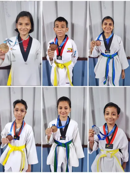 A group of my students showing their medals from the All India Taekwondo Championship 2023. We train to compete and succeed at the highest levels.