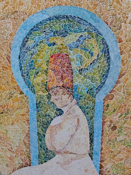 A mosaic artwork by Roudaina depicting a Sufi whirling dervish, created with intricate tile work.