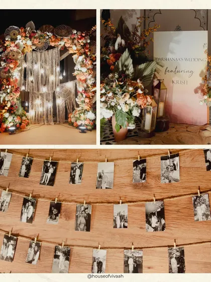 A collage of details from the rustic welcome dinner, including a macrame and floral arch, a personalized welcome sign, and a wall of polaroid memories.