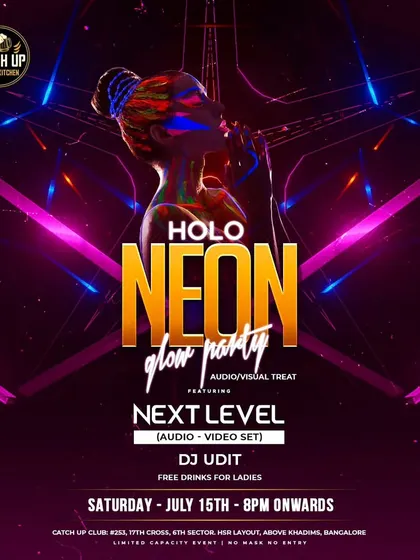 This 'Holo Neon Glow Party' poster emphasizes the audio-visual treat. As a VDJ, I ensure the visuals on screen are perfectly synced with the music for maximum impact.