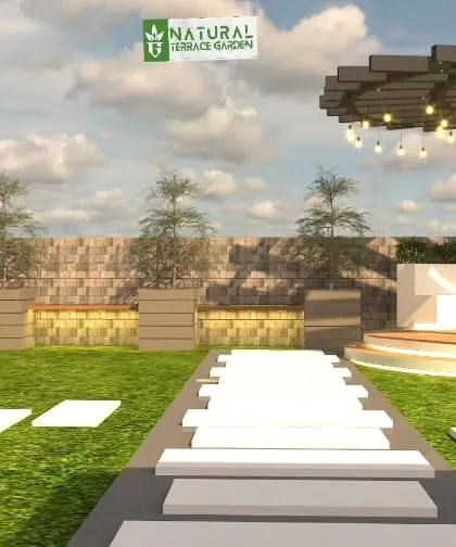 A wide view of a proposed terrace layout. The design includes a bar, a circular gazebo, and a long pathway, demonstrating a comprehensive landscape plan.