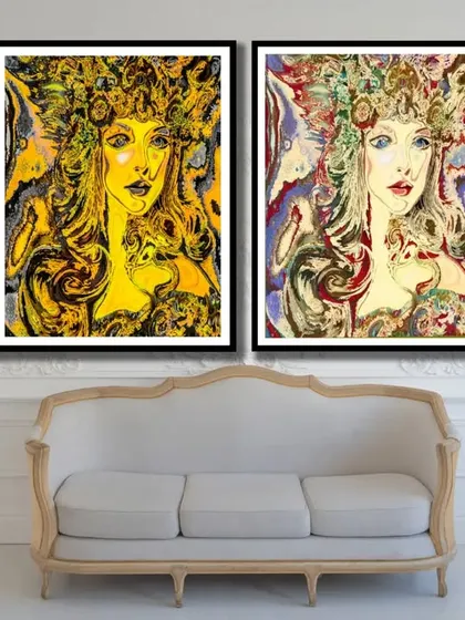 A mockup showing my two abstract digital portraits displayed as a pair in a classic living room.