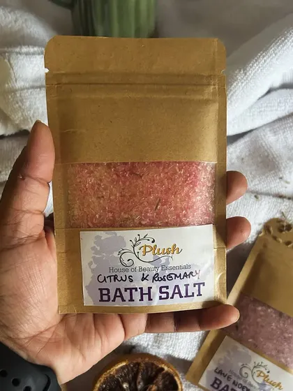 A packet of my Citrus & Rosemary bath salt, ready to bring some zest to your bath time.
