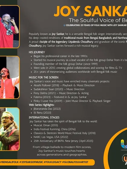 We are proud to present and collaborate with artists like Joy Sankar, 'The Soulful Voice of Bengal'. This informational graphic shares his incredible journey and highlights the caliber of artists we work with to deliver exceptional folk music concerts and events.