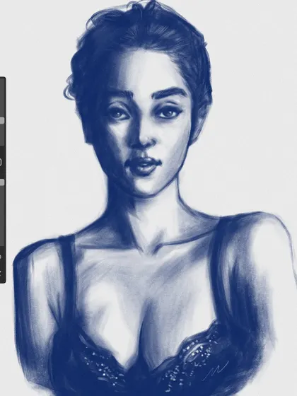 This was a quick 30-minute digital portrait study. I focused on capturing the light and shadow on the face and figure using a simple blue and white palette.