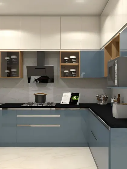 A sleek L-shaped design in a calming dusty blue, paired with white overhead cabinets and open wooden shelving. The layout ensures all major appliances, including the microwave, are within easy reach for a smooth workflow.