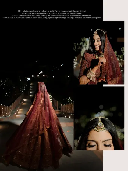 A collage of artistic nighttime bridal portraits, showcasing the bride's stunning lehenga and the romantic, sparkling lights.