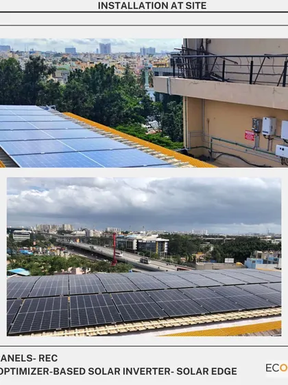 An on-site view of our installation for a leading tech company in Bangalore. This image showcases the REC solar panels and SolarEdge power optimizer-based inverter system, chosen for their high efficiency and reliability in a commercial setting.