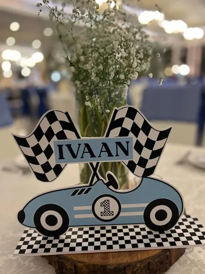 A custom table centerpiece for a car-themed birthday party. These little details help tie the entire event's decor together.