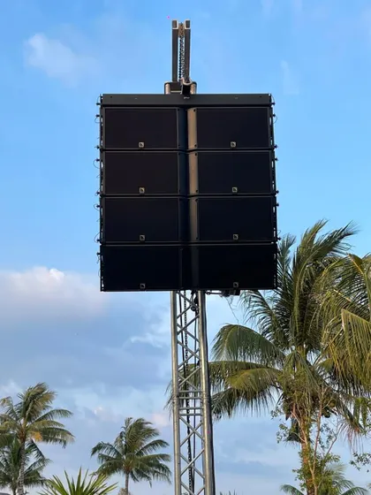 A close-up of our L-Acoustics K2 line array speaker system, the same gear used in global concert tours. We were the first to bring this world-class audio technology to Punjab, ensuring every event we manage has crystal-clear, powerful sound, whether it's for a live band or a massive festival.