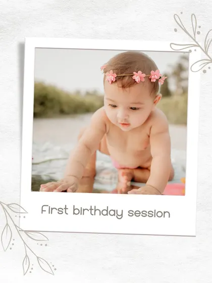 This polaroid-style image serves as a lovely memory from a first birthday session. It captures the simple beauty of the moment, with the baby crawling on a blanket outdoors, ready to explore the world around her.