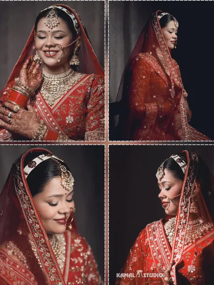 A collage of the bride's portraits in her traditional red lehenga, captured with soft, dramatic lighting.