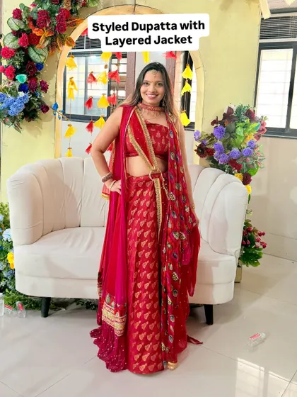My look for a wedding, styling a red Banarasi dupatta with a layered jacket for a grand and festive appearance.