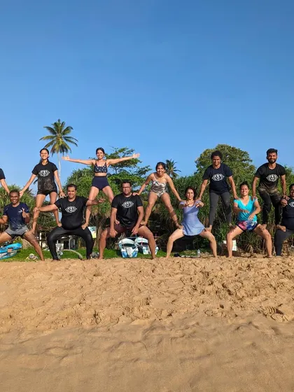 We are serious about yoga, but we are also serious about fun. Here is our Aayana family creating a human pyramid during our acro yoga session on the beaches of Sri Lanka. It is all about trust, laughter, and community.
