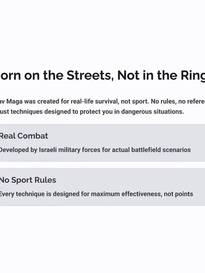 Krav Maga is different from traditional martial arts. It was born on the streets for survival, not in a ring for points. There are no rules, only what is effective to keep you safe.