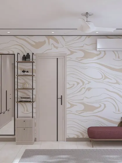 This bedroom design uses a striking marble-patterned wallpaper as a feature. The clean lines of the wardrobe and the simple, modern shelving unit are balanced by the bold pattern and a pop of color from the burgundy bench.