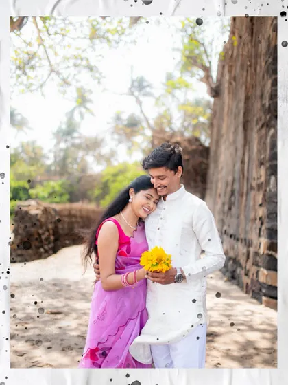 A tender moment from a pre-wedding shoot, framed with a creative border for an artistic touch.