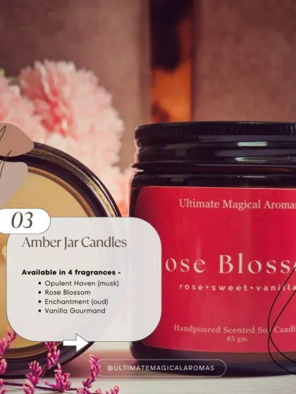 My 'Rose Blossom' Amber Jar Candle, featured as part of the Valentine's collection. The scent of rose, sweet notes, and vanilla is timelessly romantic.