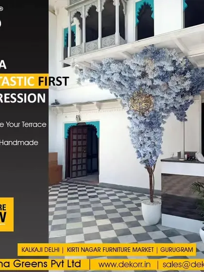 For a fantastic first impression, I can renovate your terrace with an artificial handmade tree. This unique blue and white tree is a customized piece that adds an artistic and memorable touch to the entrance.