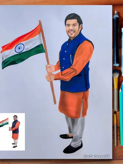 A patriotic portrait on A3 paper. This colored pencil drawing of a man holding the Indian flag is a powerful and proud statement piece.