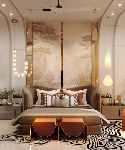 This bedroom is sculpted for serenity with soft, flowing curves on the walls and ceiling. The neutral color palette, combined with a bold patterned rug and unique furniture, creates a calm you can feel.