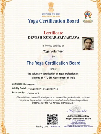 My certificate as a Yoga Volunteer from The Yoga Certification Board, under the Ministry of AYUSH, Government of India. It's an honor to be recognized by this prestigious body.