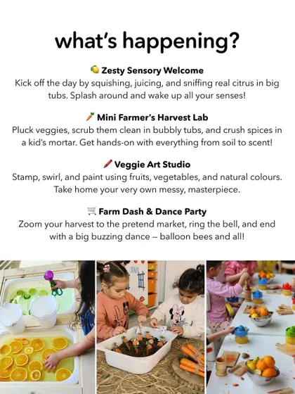 It's farm life, toddler edition. This graphic for our farm playdate shows the sensory activities involved, like a zesty citrus tub, a mini farmer's harvest lab, and a veggie art studio.